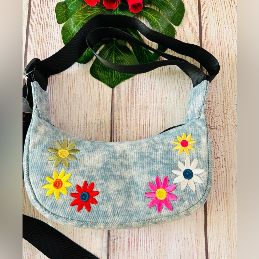 No Boundaries Juniors Embroidered Floral Acid Wash Denim Crossbody Hobo Bag NWT